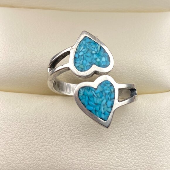 Vintage Sterling Silver Adjustable Ring Turquoise Chip Inlay Double Heart Love - Picture 5 of 12